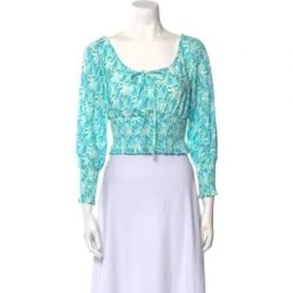 Rixo London Helena Smocked Crop Top Aqua Size M Cottagecore Romantic Resort - Picture 7 of 7